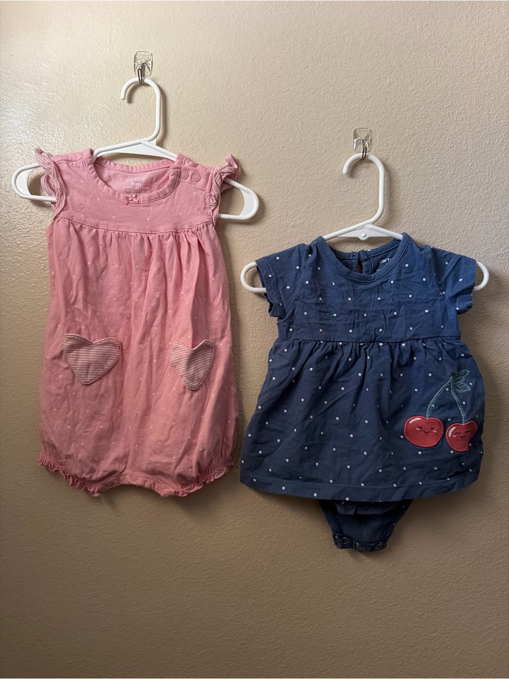 Carters Pink Heart Pocket Baby Romper & Navy Cherry Dot Dress Set